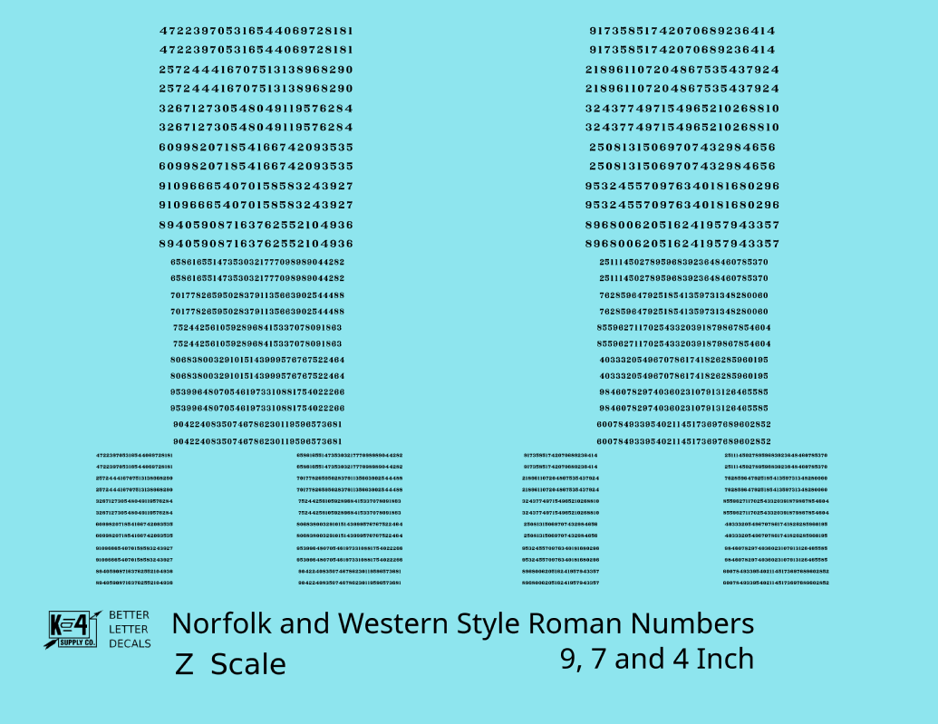 N&W Style Railroad Roman Freight Car Numbers  White 9, 7 and 4 Inch Renumber