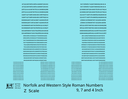 N&W Style Railroad Roman Freight Car Numbers  White 9, 7 and 4 Inch Renumber
