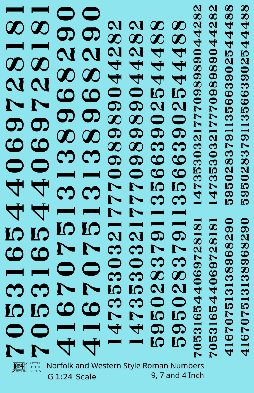 N&W Style Railroad Roman Freight Car Numbers  White 9, 7 and 4 Inch Renumber
