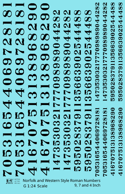 N&W Style Railroad Roman Freight Car Numbers  White 9, 7 and 4 Inch Renumber