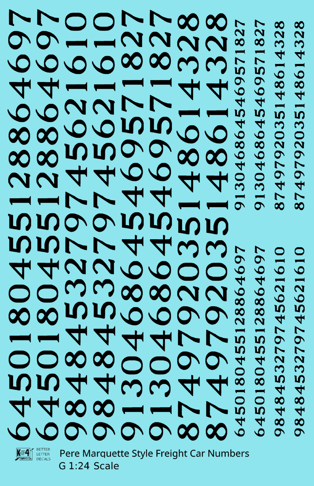 Pere Marquette Style Numbers  White 9 and 4 Inch Renumber