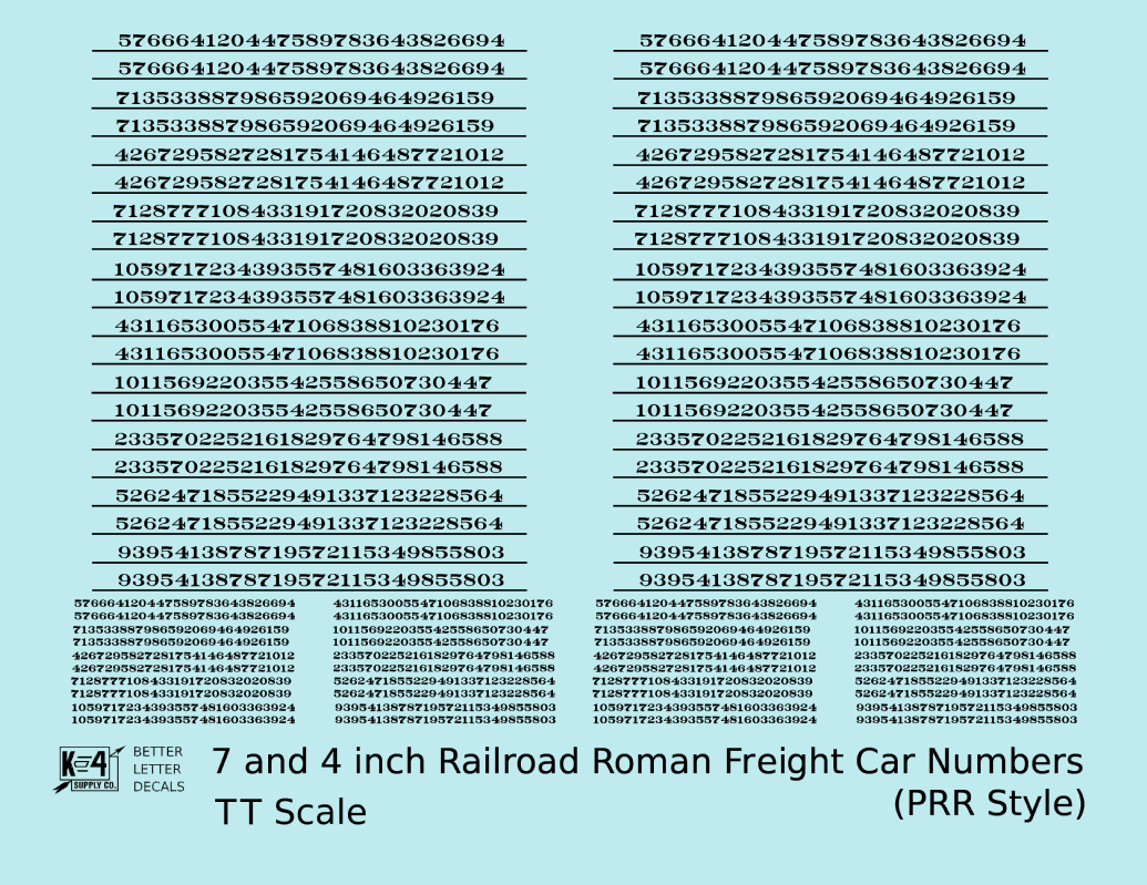 PRR Pennsylvania Style 7 Scale Inch Railroad Roman Freight Car Numbers