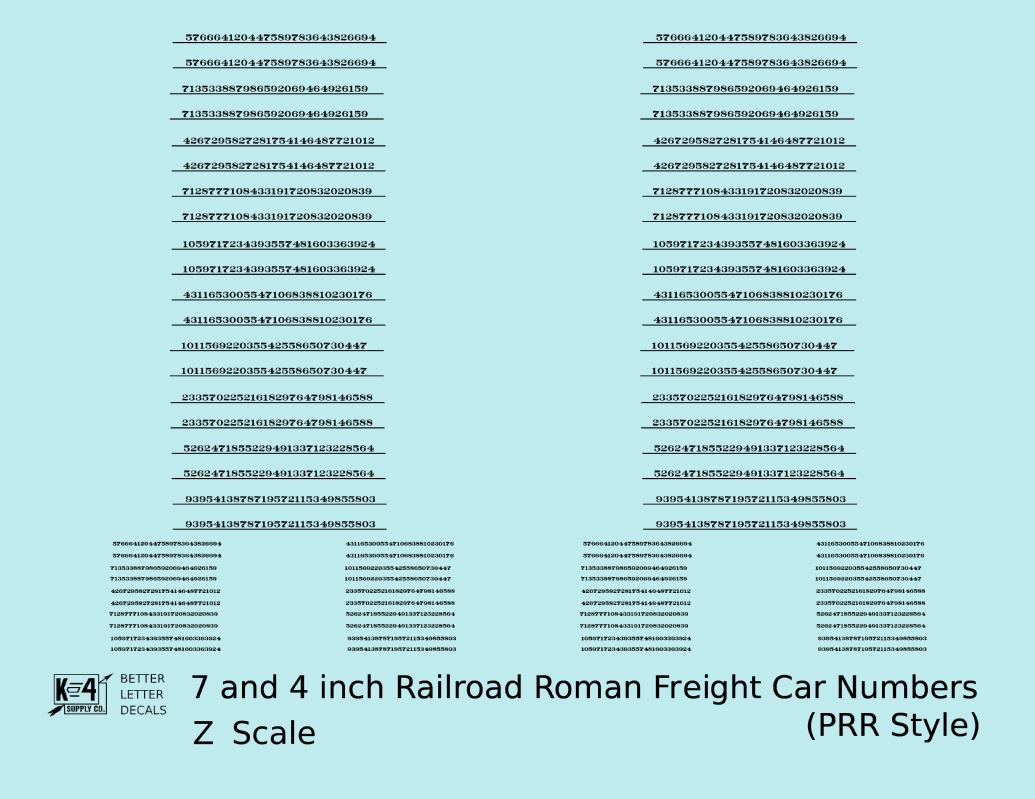 PRR Pennsylvania Style 7 Scale Inch Railroad Roman Freight Car Numbers