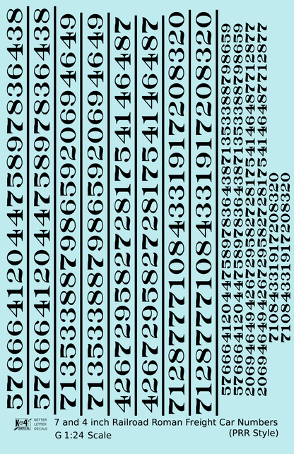 PRR Pennsylvania Style 7 Scale Inch Railroad Roman Freight Car Numbers