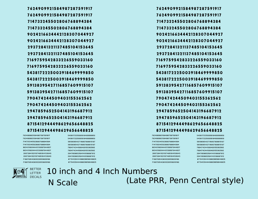 Late PRR Pennsylvania/Penn Central 10 Scale Inch Gothic Freight Car Numbers