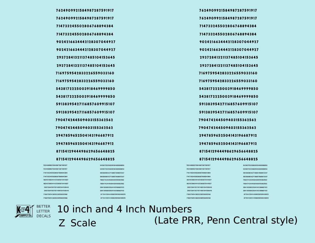 Late PRR Pennsylvania/Penn Central 10 Scale Inch Gothic Freight Car Numbers