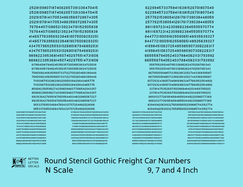 Round Stencil Gothic Freight Car Numbers  White 9, 7 and 4 Inch Renumber