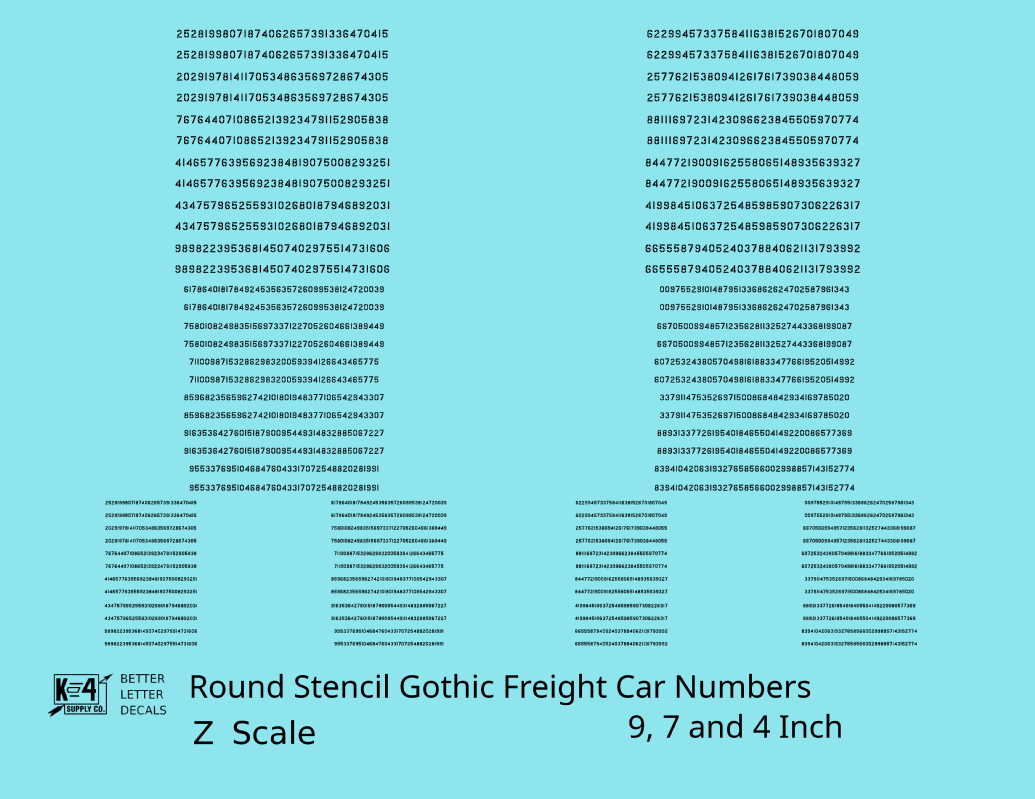 Round Stencil Gothic Freight Car Numbers  White 9, 7 and 4 Inch Renumber
