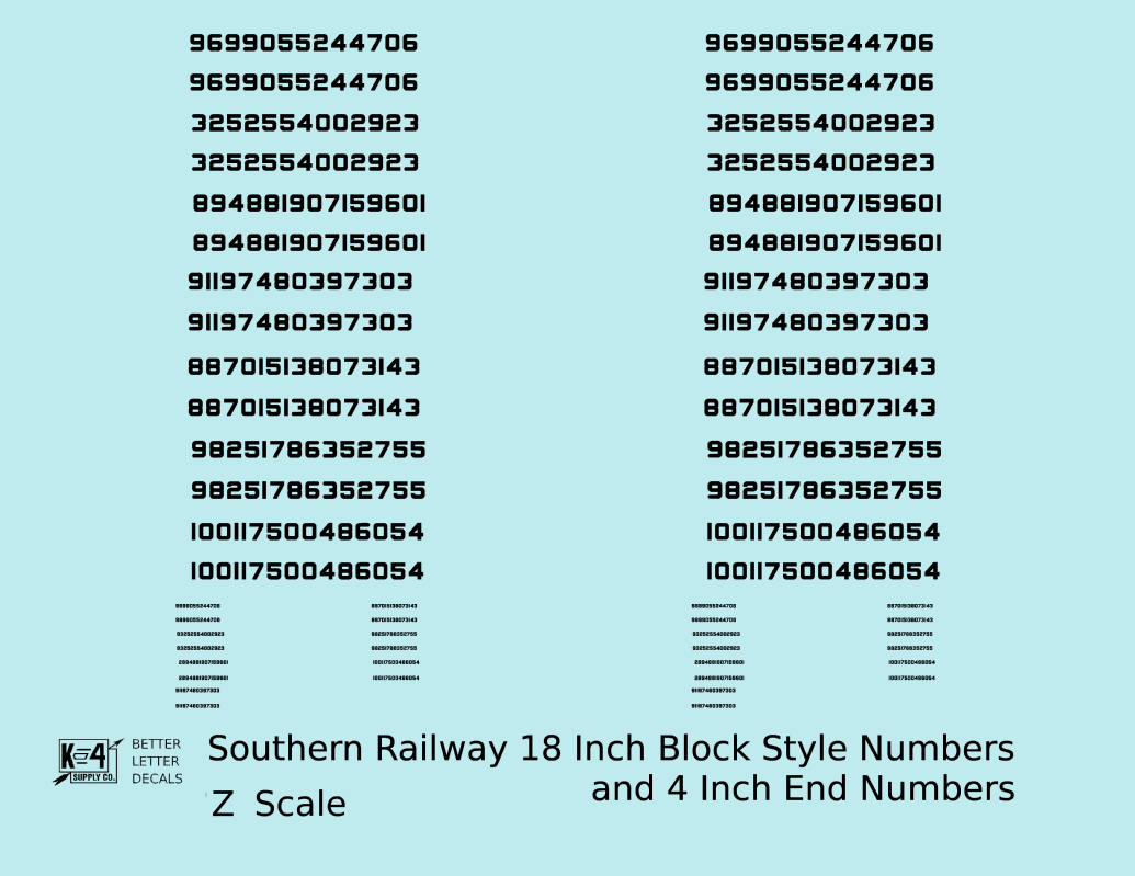 Southern Railway 18 Scale Inch Block Style Freight Car Numbers