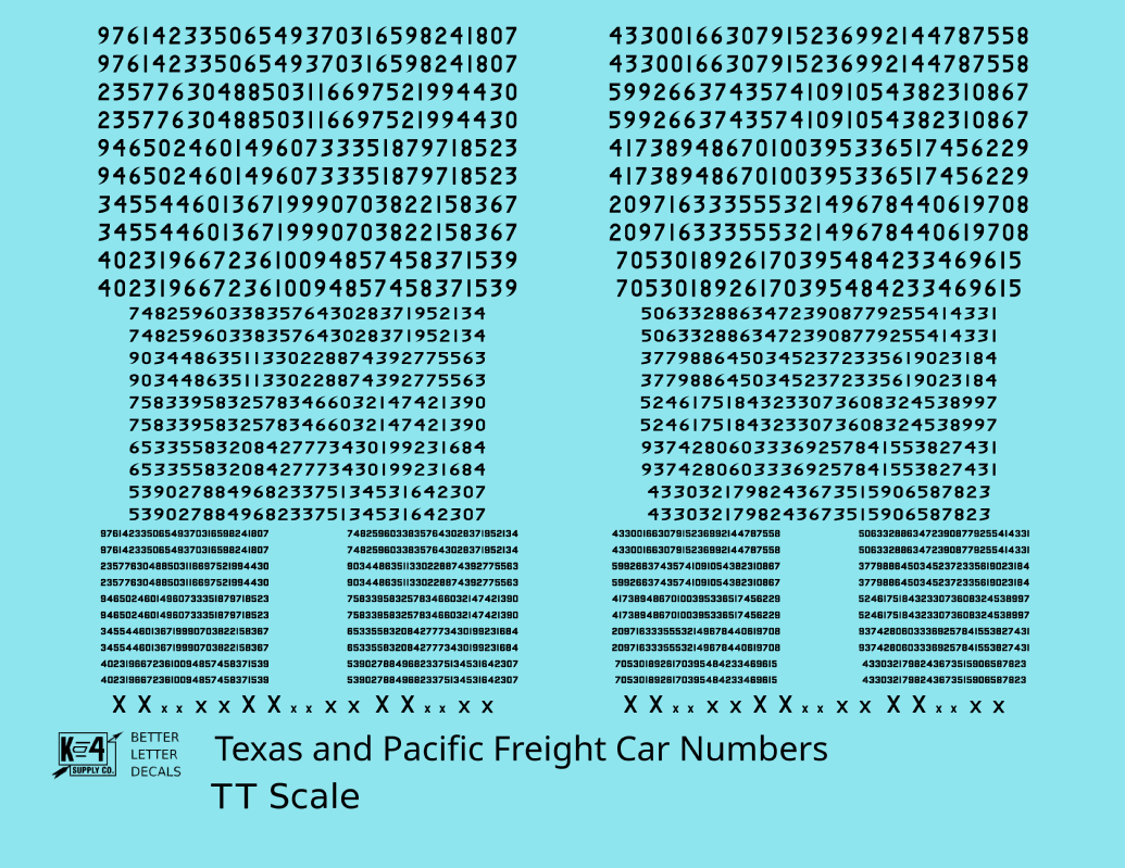 Texas and Pacific Style Numbers  White 10, 7 and 4 Inch Renumber