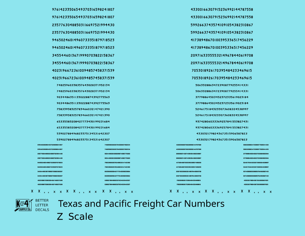Texas and Pacific Style Numbers  White 10, 7 and 4 Inch Renumber