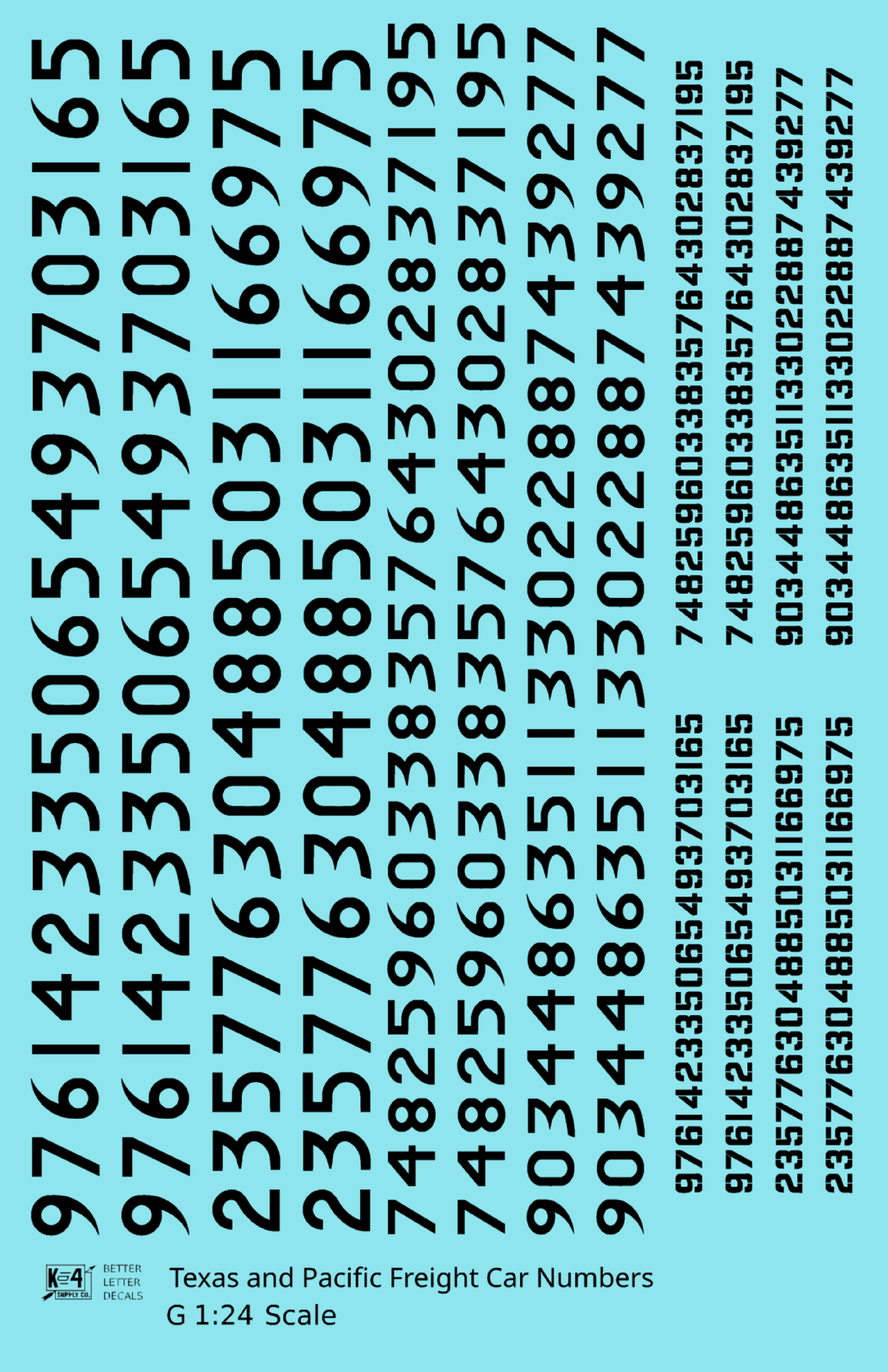 Texas and Pacific Style Numbers  White 10, 7 and 4 Inch Renumber