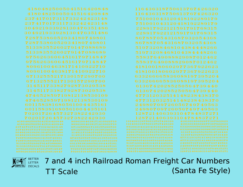 ATSF Santa Fe Style 7 Scale Inch Railroad Roman Freight Car Numbers