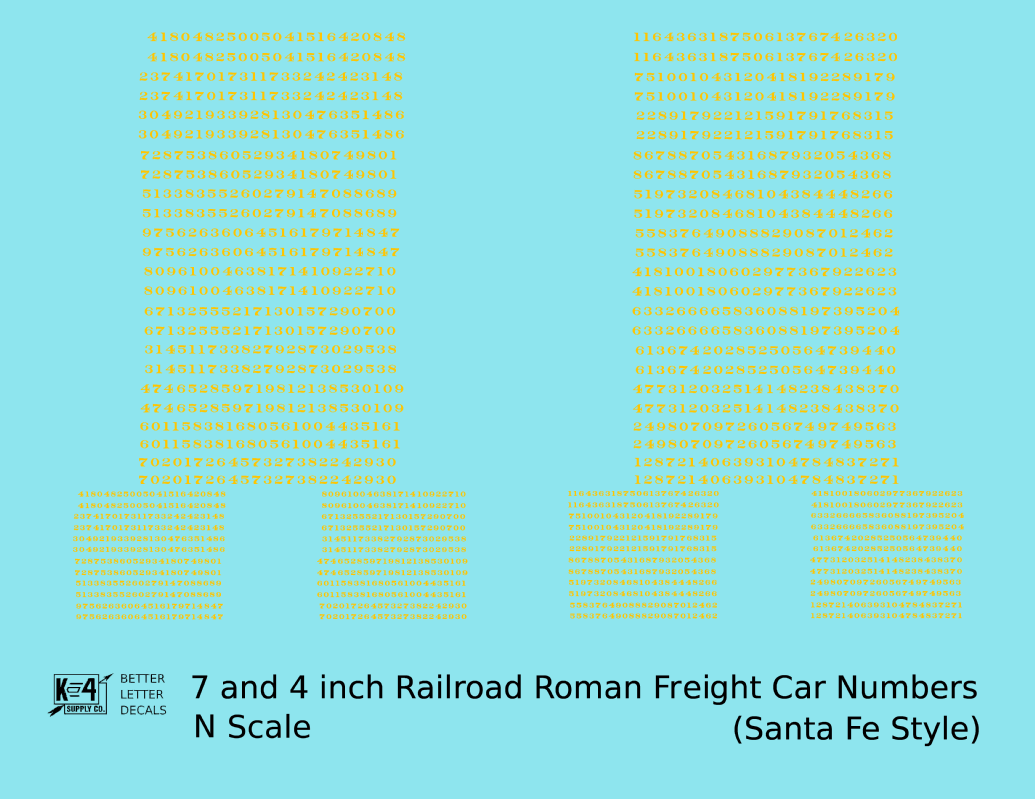 ATSF Santa Fe Style 7 Scale Inch Railroad Roman Freight Car Numbers