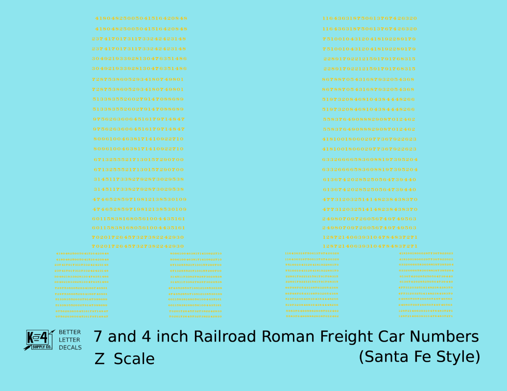 ATSF Santa Fe Style 7 Scale Inch Railroad Roman Freight Car Numbers