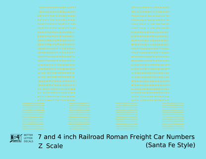 ATSF Santa Fe Style 7 Scale Inch Railroad Roman Freight Car Numbers