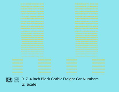 Block Gothic Freight Car Numbers  White 9, 7 and 4 Inch Renumber