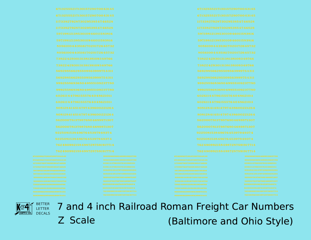 B&O Baltimore and Ohio Style 7 Scale Inch Railroad Roman Freight Car Numbers