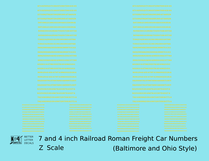 B&O Baltimore and Ohio Style 7 Scale Inch Railroad Roman Freight Car Numbers
