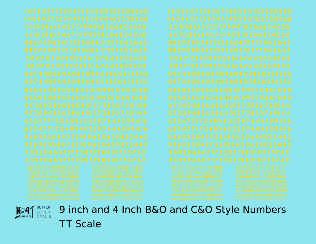 B&O, C&O Baltimore/Chesapeake and Ohio 9 Scale Inch Futura Style Freight Car Numbers