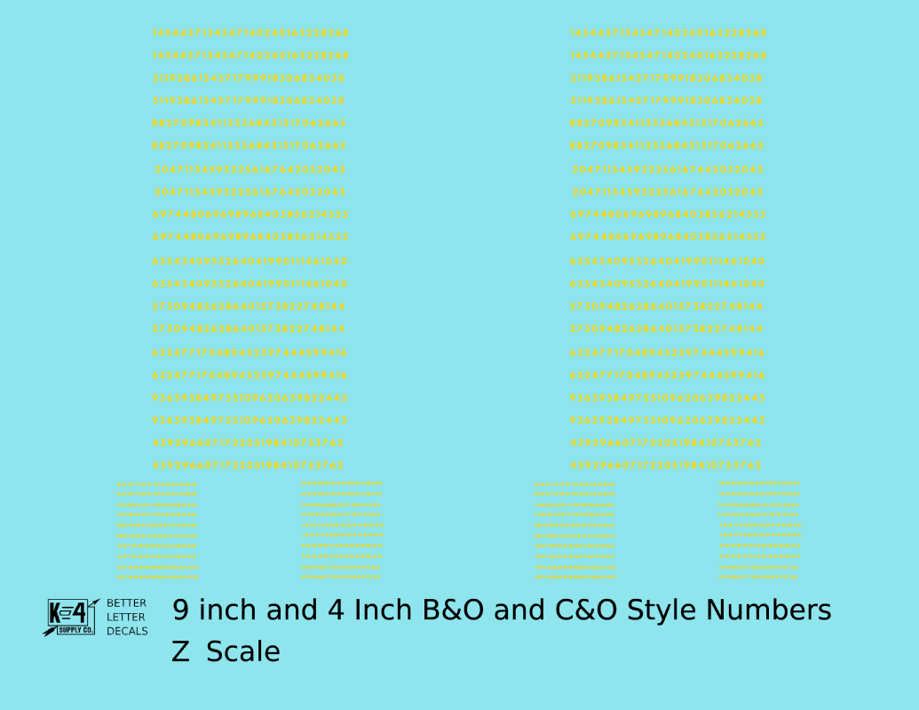 B&O, C&O Baltimore/Chesapeake and Ohio 9 Scale Inch Futura Style Freight Car Numbers