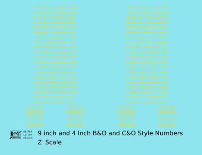 B&O, C&O Baltimore/Chesapeake and Ohio 9 Scale Inch Futura Style Freight Car Numbers