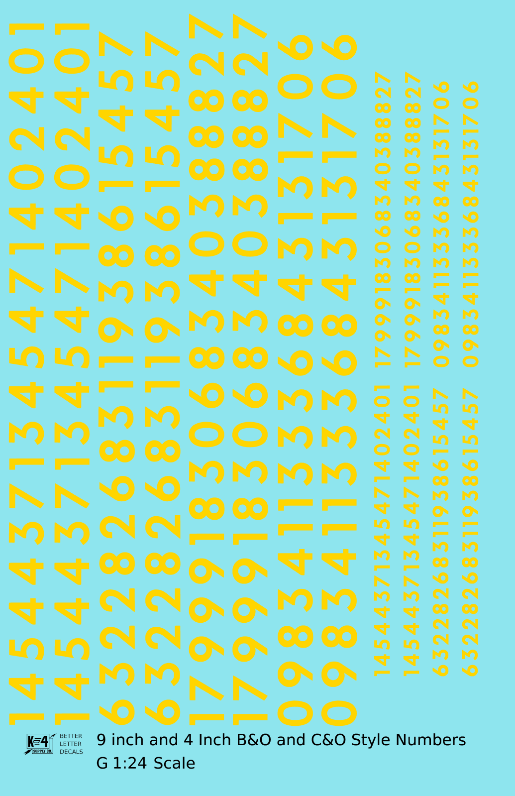 B&O, C&O Baltimore/Chesapeake and Ohio 9 Scale Inch Futura Style Freight Car Numbers