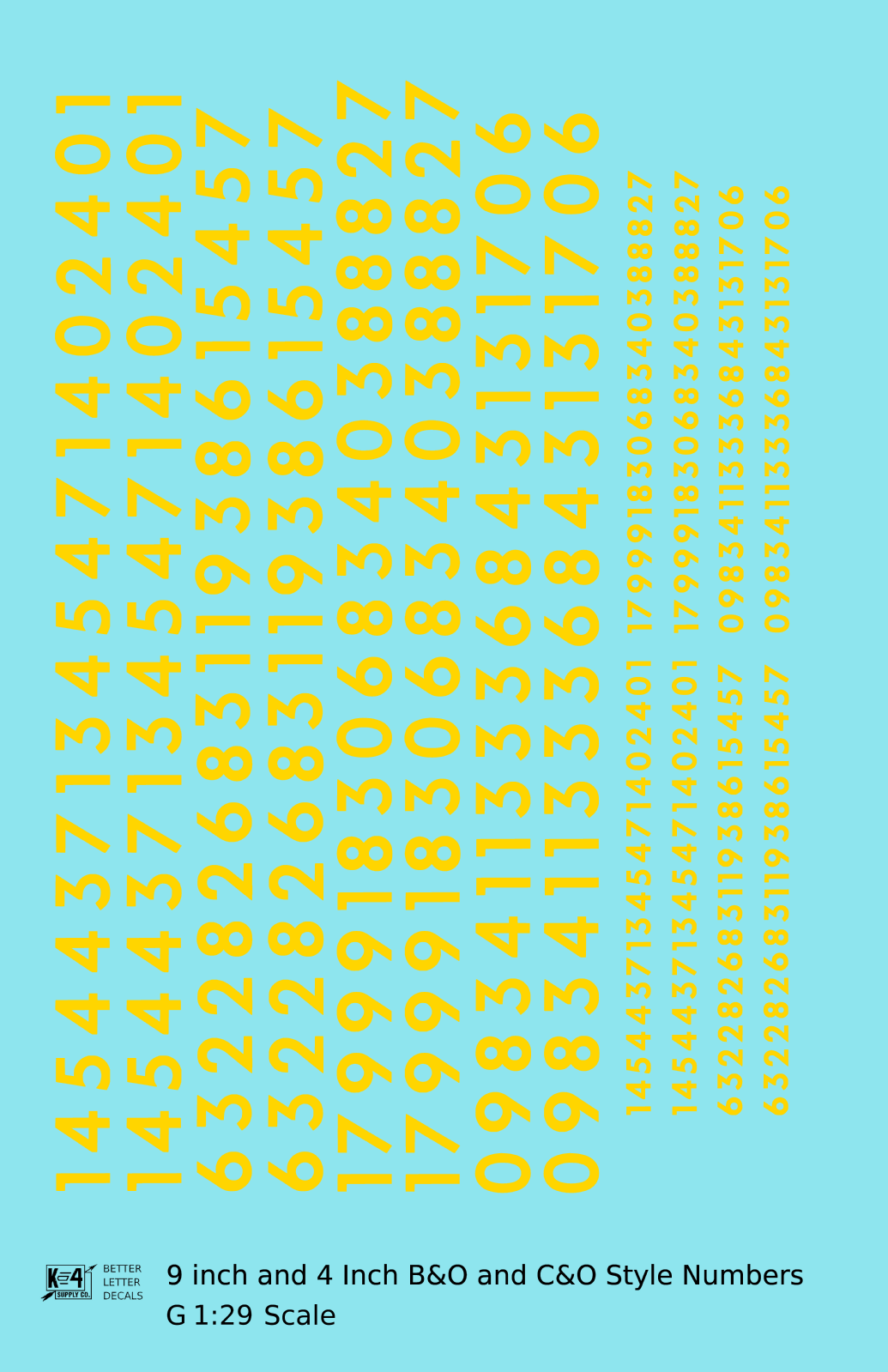B&O, C&O Baltimore/Chesapeake and Ohio 9 Scale Inch Futura Style Freight Car Numbers