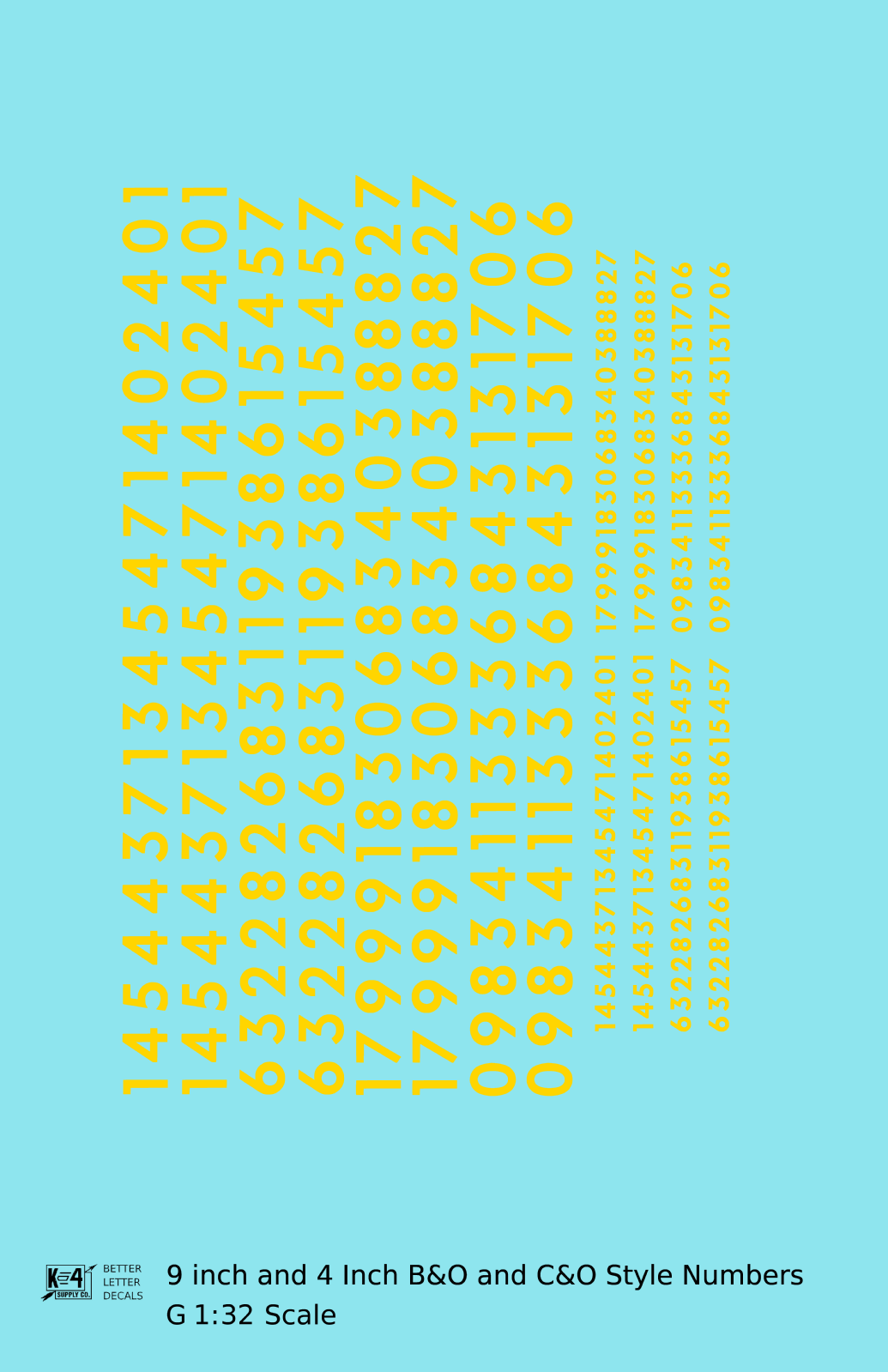 B&O, C&O Baltimore/Chesapeake and Ohio 9 Scale Inch Futura Style Freight Car Numbers