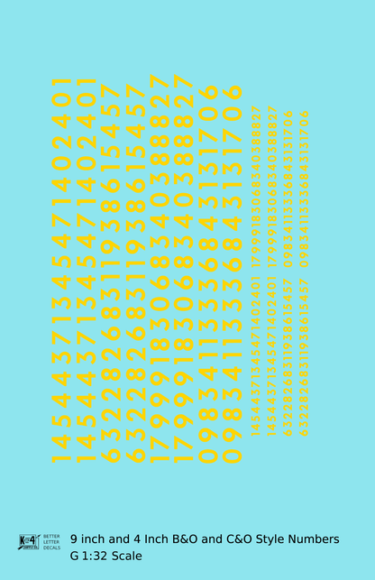 B&O, C&O Baltimore/Chesapeake and Ohio 9 Scale Inch Futura Style Freight Car Numbers