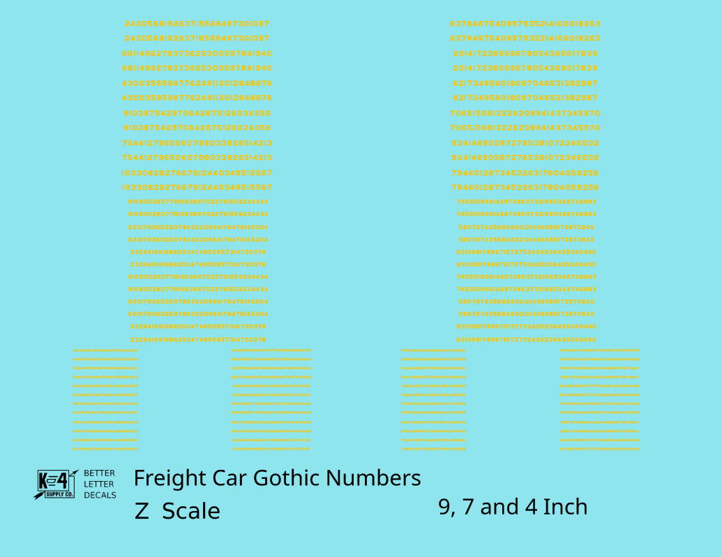 Freight Car Gothic Numbers  White 9, 7 and 4 Inch Renumber