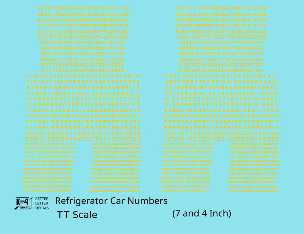 Reefer/Refrigerator Car Style Numbers  White 7 and 4 Inch Renumber
