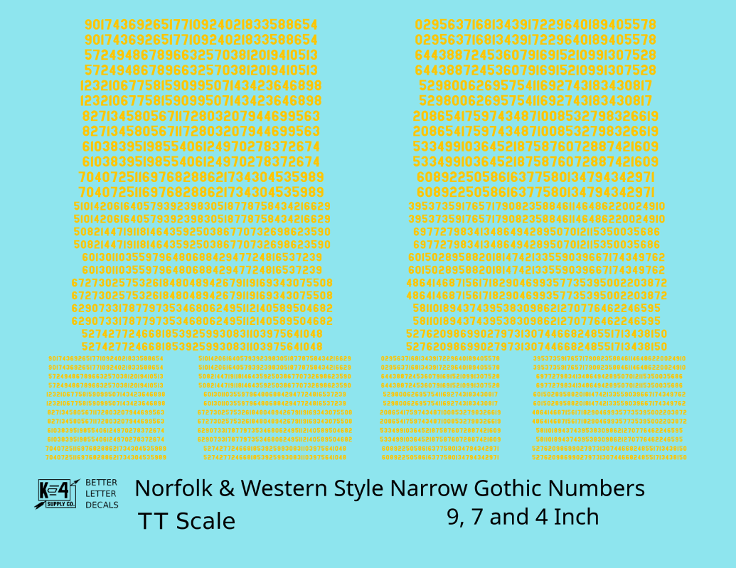 N&W Style Narrow Gothic Freight Car Numbers  White 9, 7 and 4 Inch Renumber