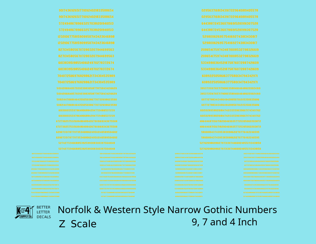 N&W Style Narrow Gothic Freight Car Numbers  White 9, 7 and 4 Inch Renumber