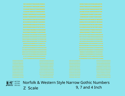 N&W Style Narrow Gothic Freight Car Numbers  White 9, 7 and 4 Inch Renumber