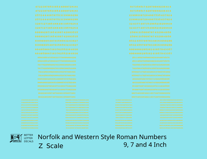 N&W Style Railroad Roman Freight Car Numbers  White 9, 7 and 4 Inch Renumber