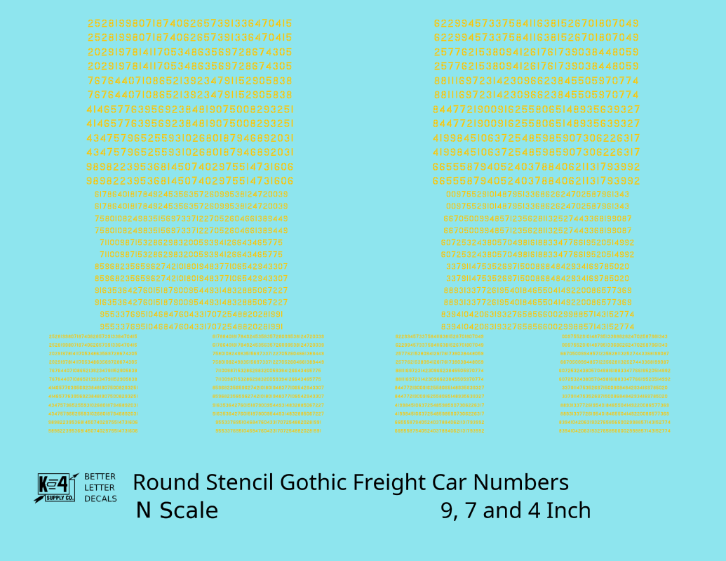 Round Stencil Gothic Freight Car Numbers  White 9, 7 and 4 Inch Renumber