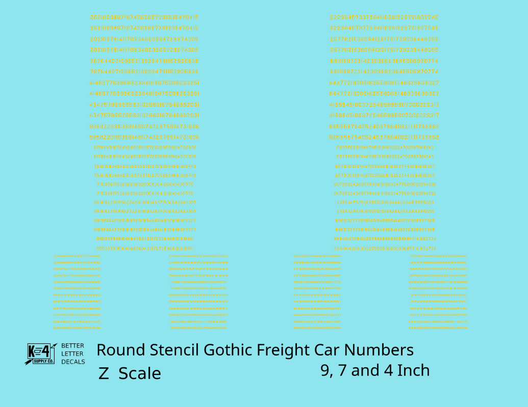 Round Stencil Gothic Freight Car Numbers  White 9, 7 and 4 Inch Renumber