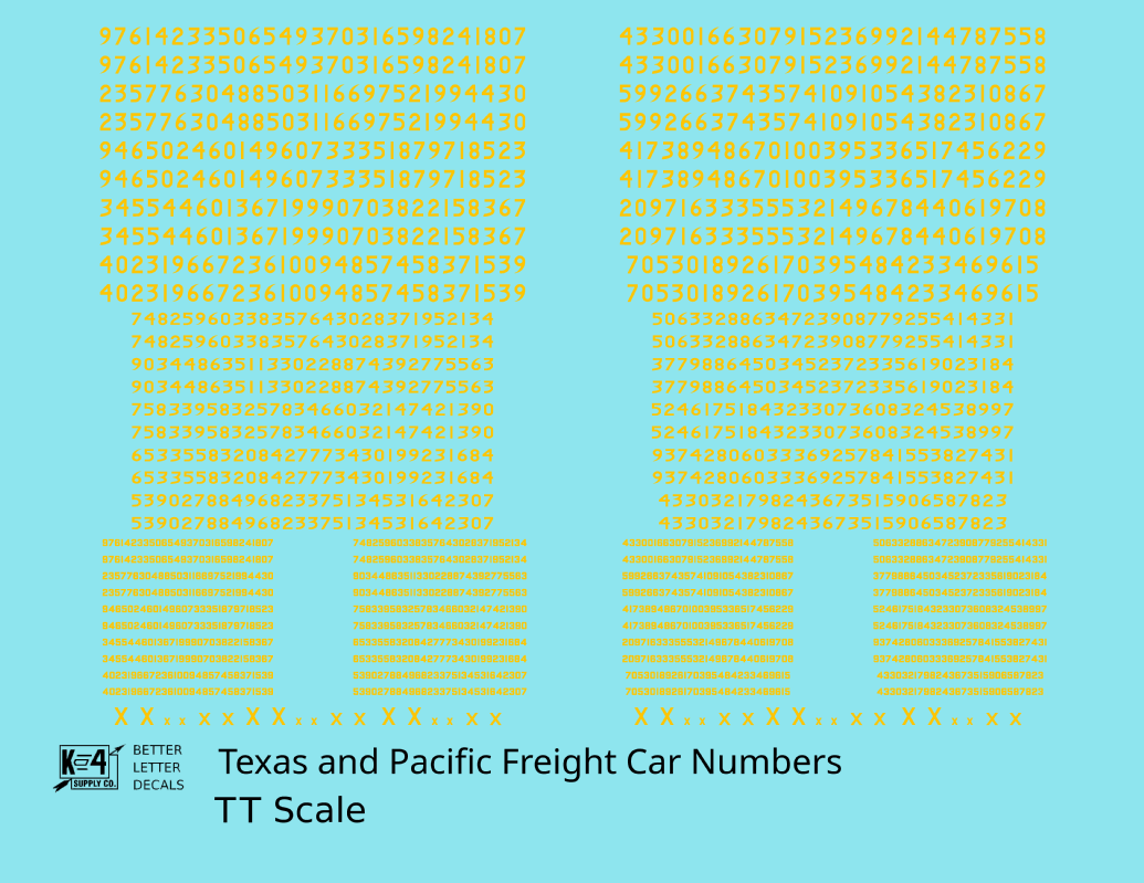 Texas and Pacific Style Numbers  White 10, 7 and 4 Inch Renumber