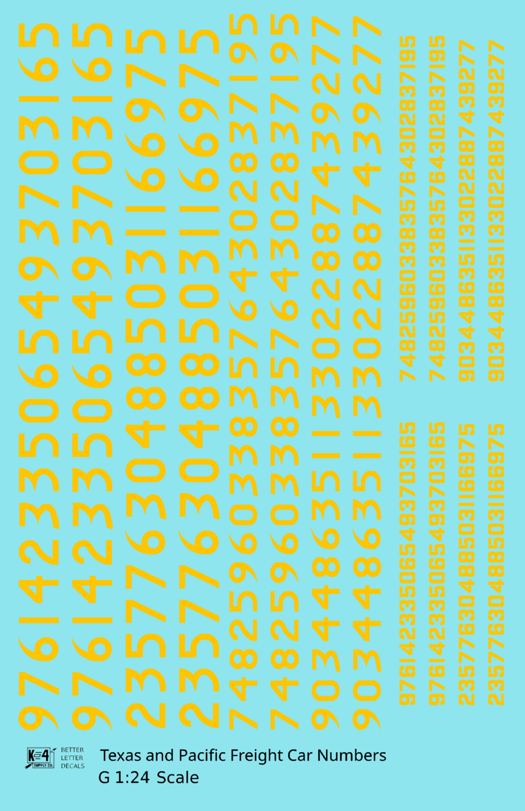 Texas and Pacific Style Numbers  White 10, 7 and 4 Inch Renumber