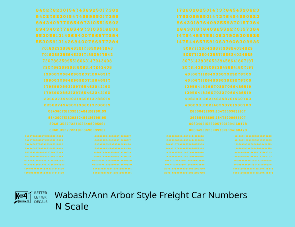 Wabash Style Numbers  White 9, 7 and 4 Inch Renumber