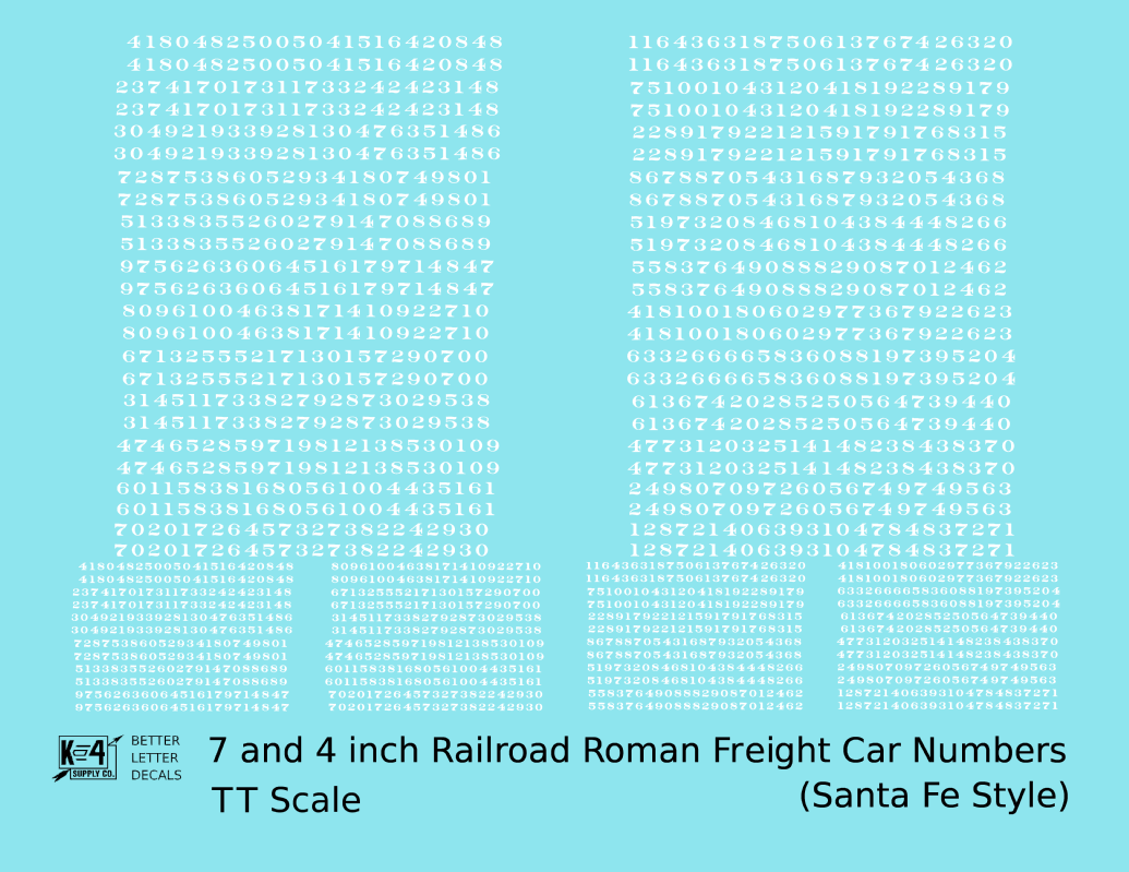ATSF Santa Fe Style 7 Scale Inch Railroad Roman Freight Car Numbers