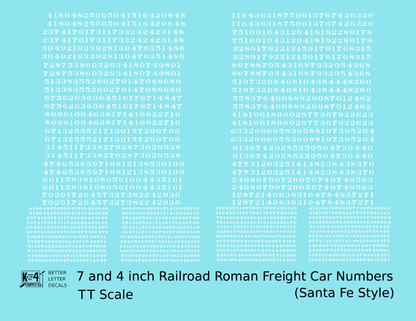 ATSF Santa Fe Style 7 Scale Inch Railroad Roman Freight Car Numbers