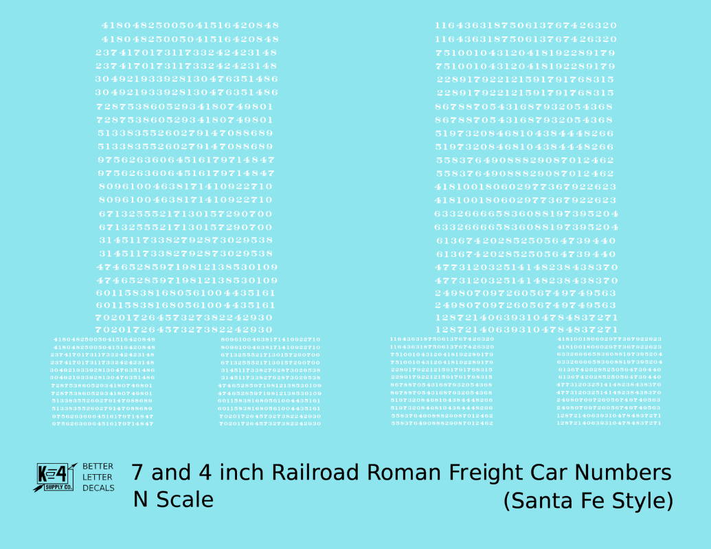 ATSF Santa Fe Style 7 Scale Inch Railroad Roman Freight Car Numbers