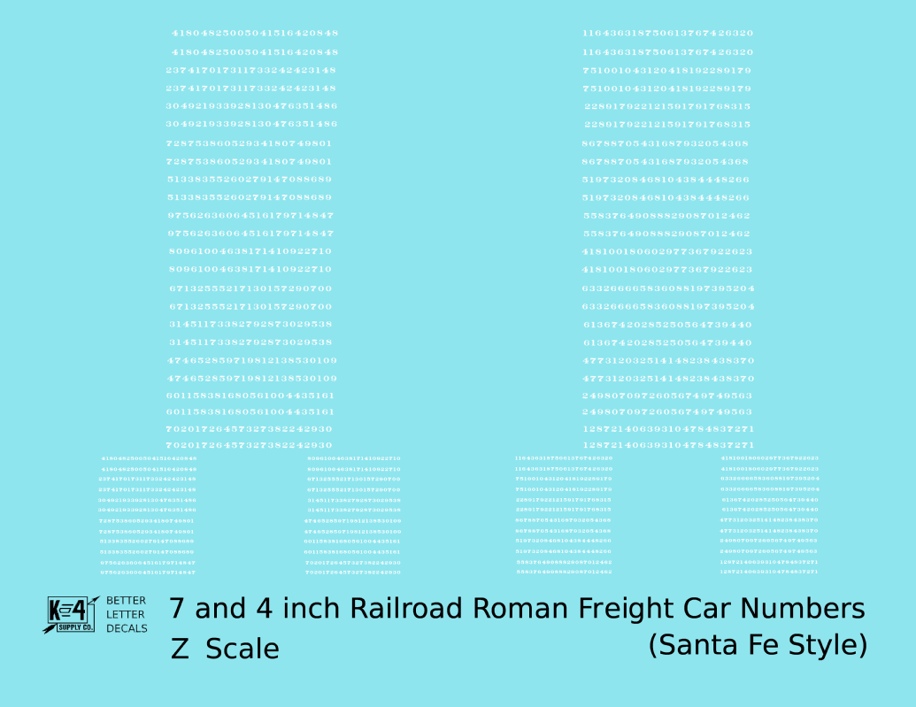 ATSF Santa Fe Style 7 Scale Inch Railroad Roman Freight Car Numbers