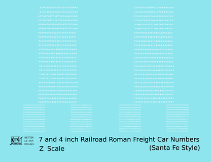 ATSF Santa Fe Style 7 Scale Inch Railroad Roman Freight Car Numbers