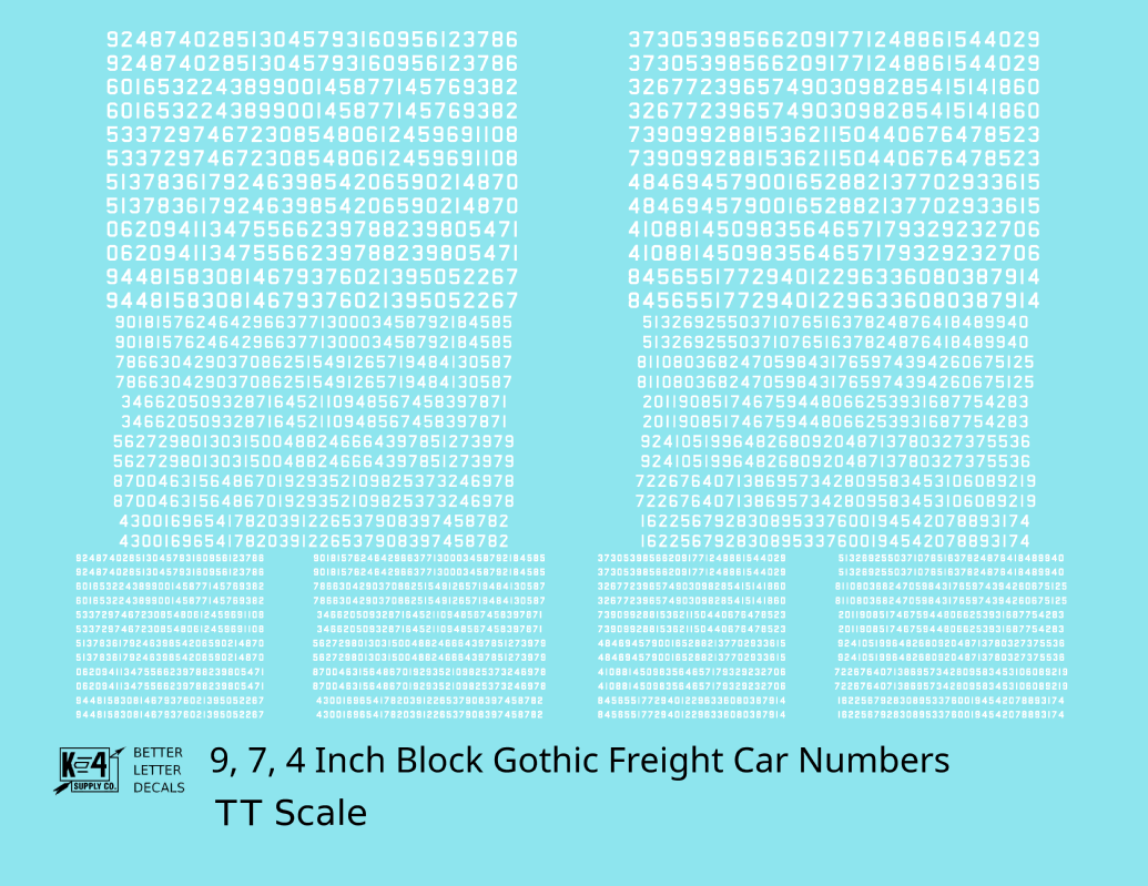 Block Gothic Freight Car Numbers  White 9, 7 and 4 Inch Renumber