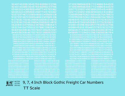Block Gothic Freight Car Numbers  White 9, 7 and 4 Inch Renumber