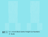 Block Gothic Freight Car Numbers  White 9, 7 and 4 Inch Renumber