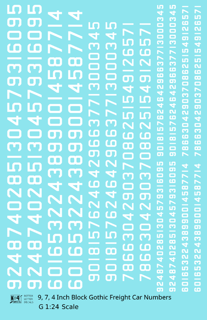 Block Gothic Freight Car Numbers  White 9, 7 and 4 Inch Renumber
